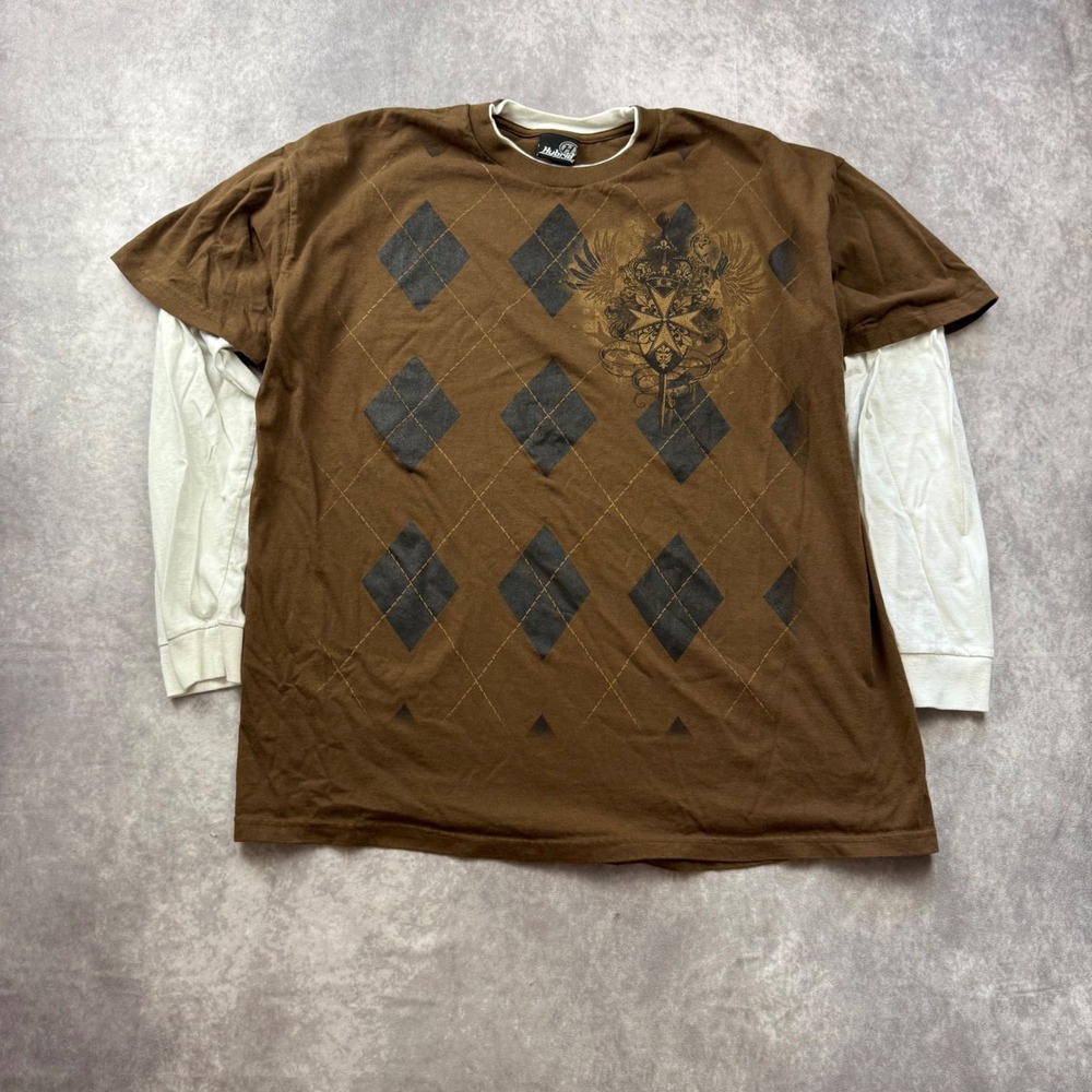 Hybrid Tees Mens XXL Brown Argyle Gothic Graphic Layered Long Sleeve T-Shirt Y2K